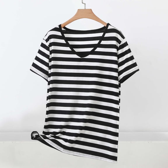 Puntoco Womens Summer Striped T-Shirts Short Sleeve V Neck Dolman Tops with Side Shirring Loose Fit Shirts Spring Fashion