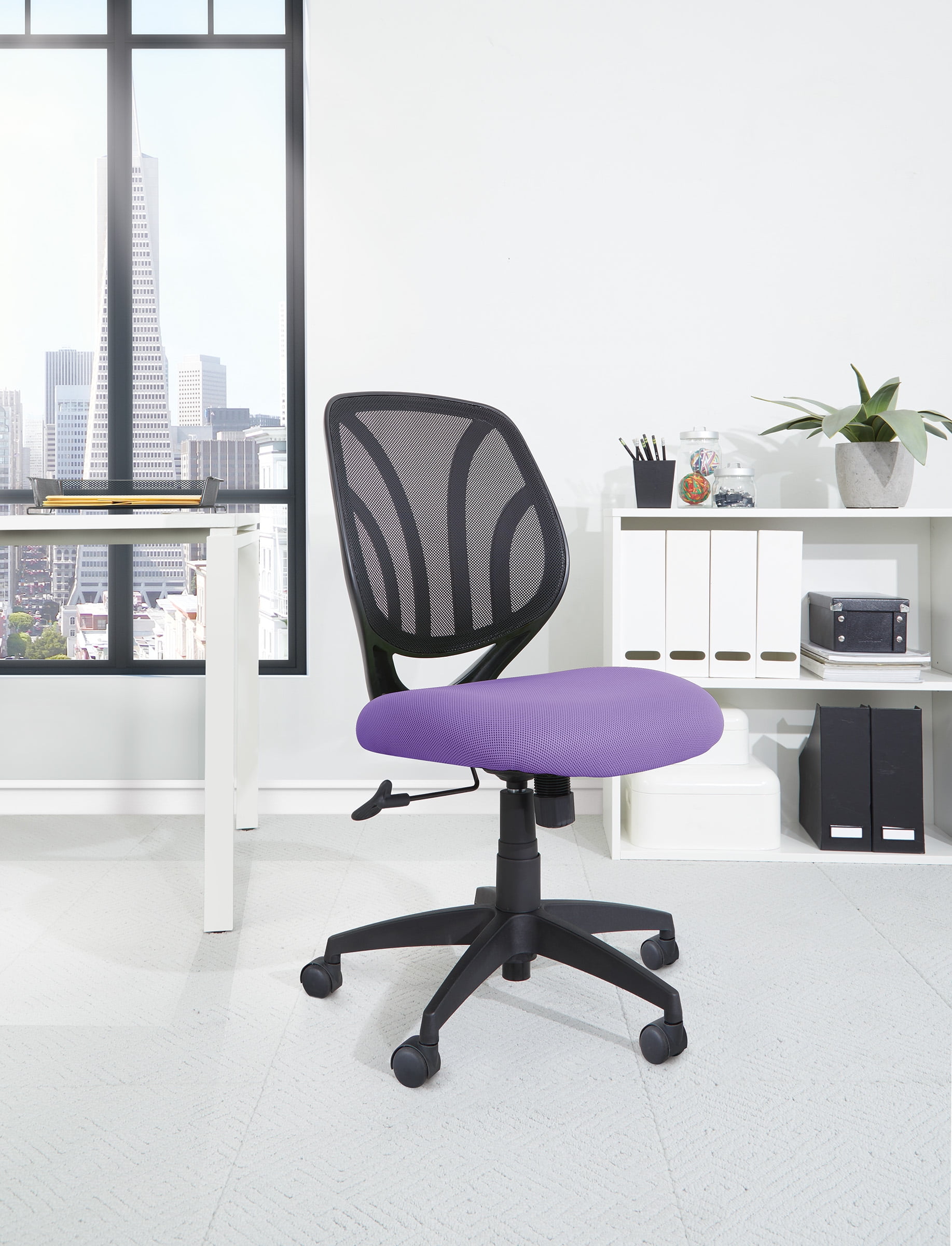 Work Smart? Screen Back Armless Task Chair with Purple Mesh and Dual