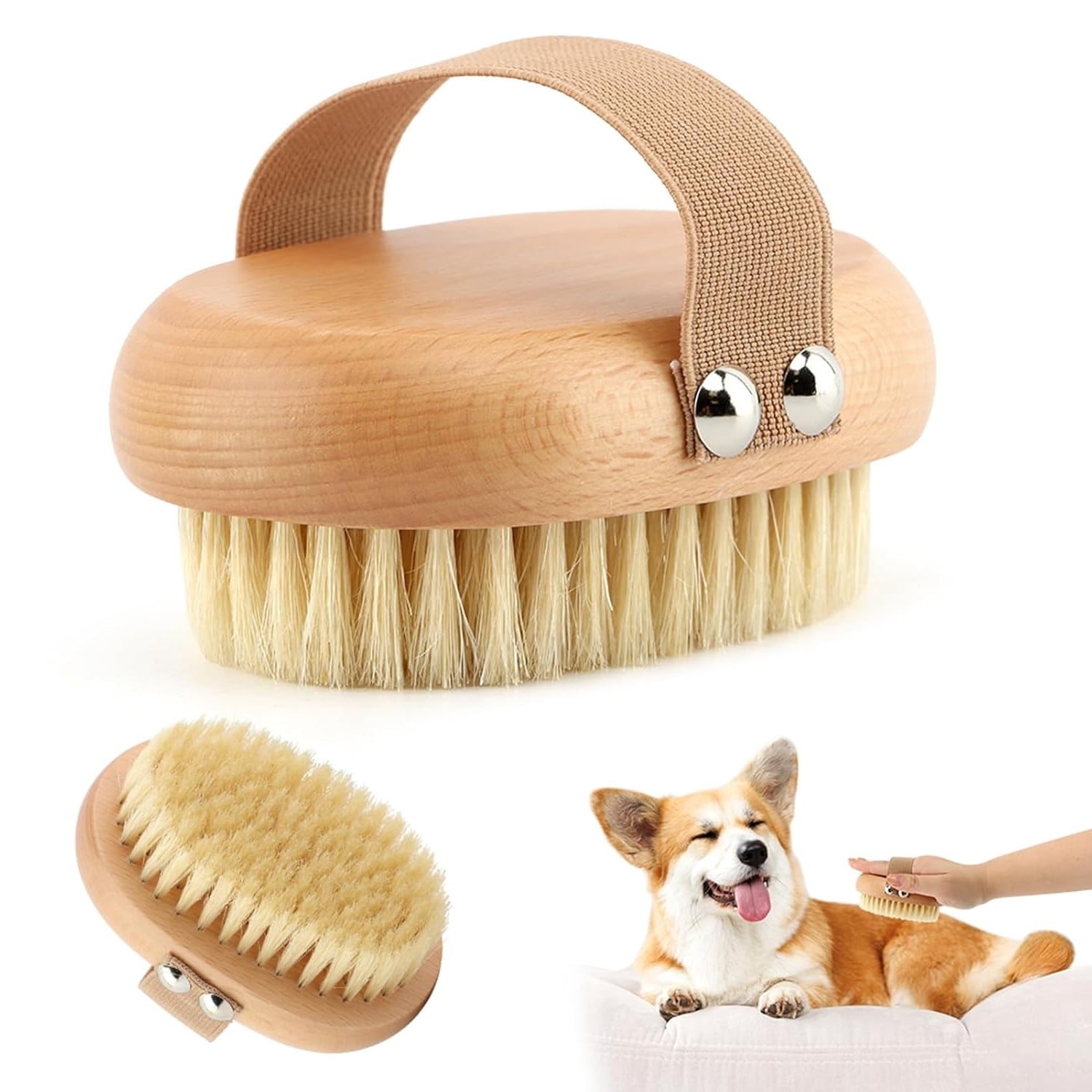 Soft Boar Bristle Pet Palm Brush for Short Haired Dogs and Cats, Ergonomic Hand Strap Grooming Brush, Natural Bristles for Gentle Massage and Shedding Control, Wooden Handle