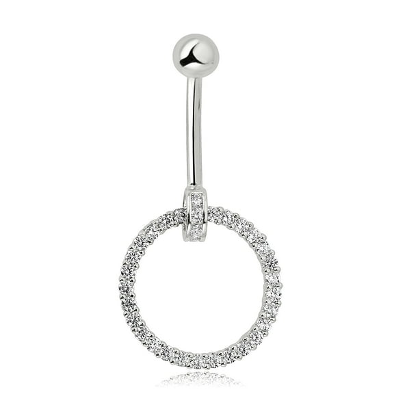 AVORA 10K White Gold Simulated Diamond CZ Open-Circle Belly Button Ring Body Jewelry (14 Gauge)