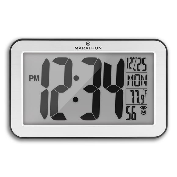 Marathon Atomic Wall Clock, Silver - Large 9-Inch Display - AM/PM or 24-Hour Time, 8 Time Zones, Indoor Temperature, Day &amp; Date - Two AA Batteries Included