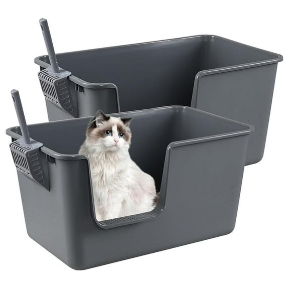 2-Pack High Side Plastic Cat Litter Box, Large Cat Litter Box Basin, Gray