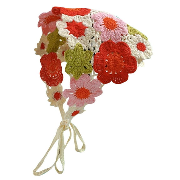HongHeng Clearance Under $2.00 Hand Crocheted Hook Flower Hollowed Out Triangular Scarf Sweet and Cute Tie Hair Turban Hat