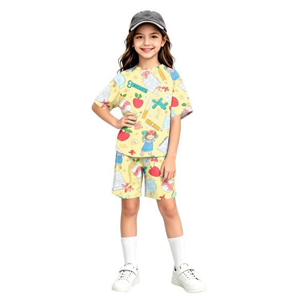 Grblisyd Back to School Outfits for Girls Short Sleeve Crew Neck T Shirts Top and Shorts Clothing Sets