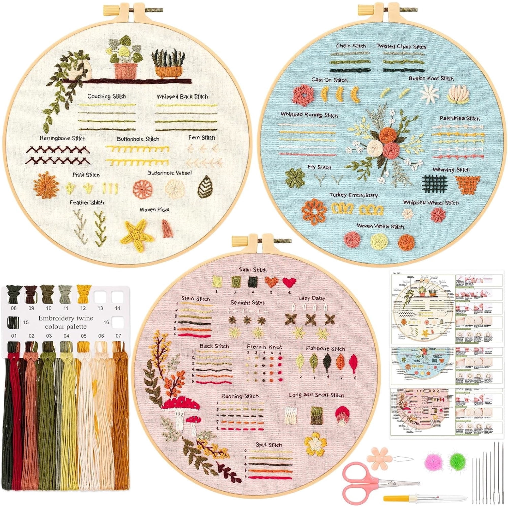 3 Pack Embroidery Kit for Beginners Sewing Cross Stitch Practice Kit to Learn 30 Different Stitch Flower Embroidery Starter Kit with Stamped Cloth Hoops Threads and Needles