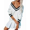 thumbnail image 5 of Women'S Casual V Neck Long Sleeve Sweater Trendy Striped Pullover Cable Knit Preppy Sweaters White XS, 5 of 10