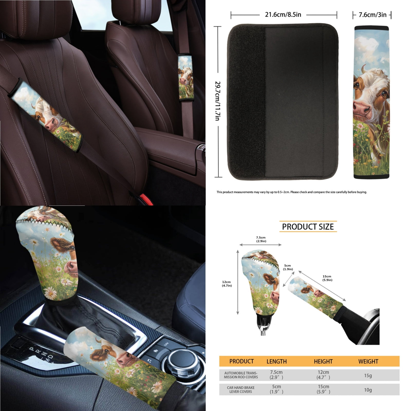Jeiento Cow 14 PCS Car Seat Covers Set with Steering Wheel Cover Seat Belt Pads Garbage Bag Armrest Seat Box Cover Handbrake Cover Set Rear View Mirror Protector Coasters Interior Auto Accessory