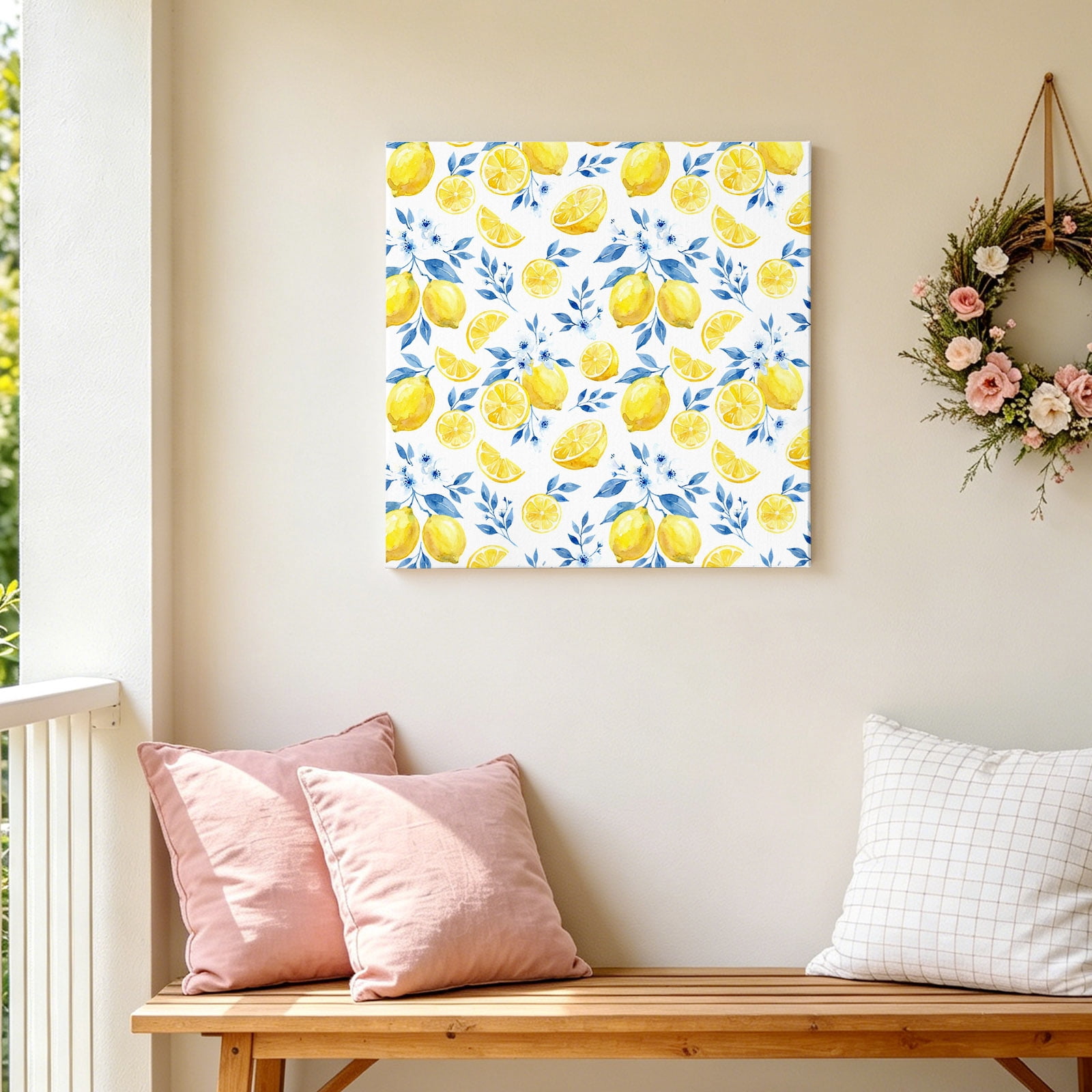 Summer Fruit Canvas Wall Art for Living Room, Watercolor Lemon Cute Frangipani Blue Leaf Farmhouse Poster Print Painting for Bedroom Office Home Decoration Wall Pictures Prepare To Hang 16"x16"