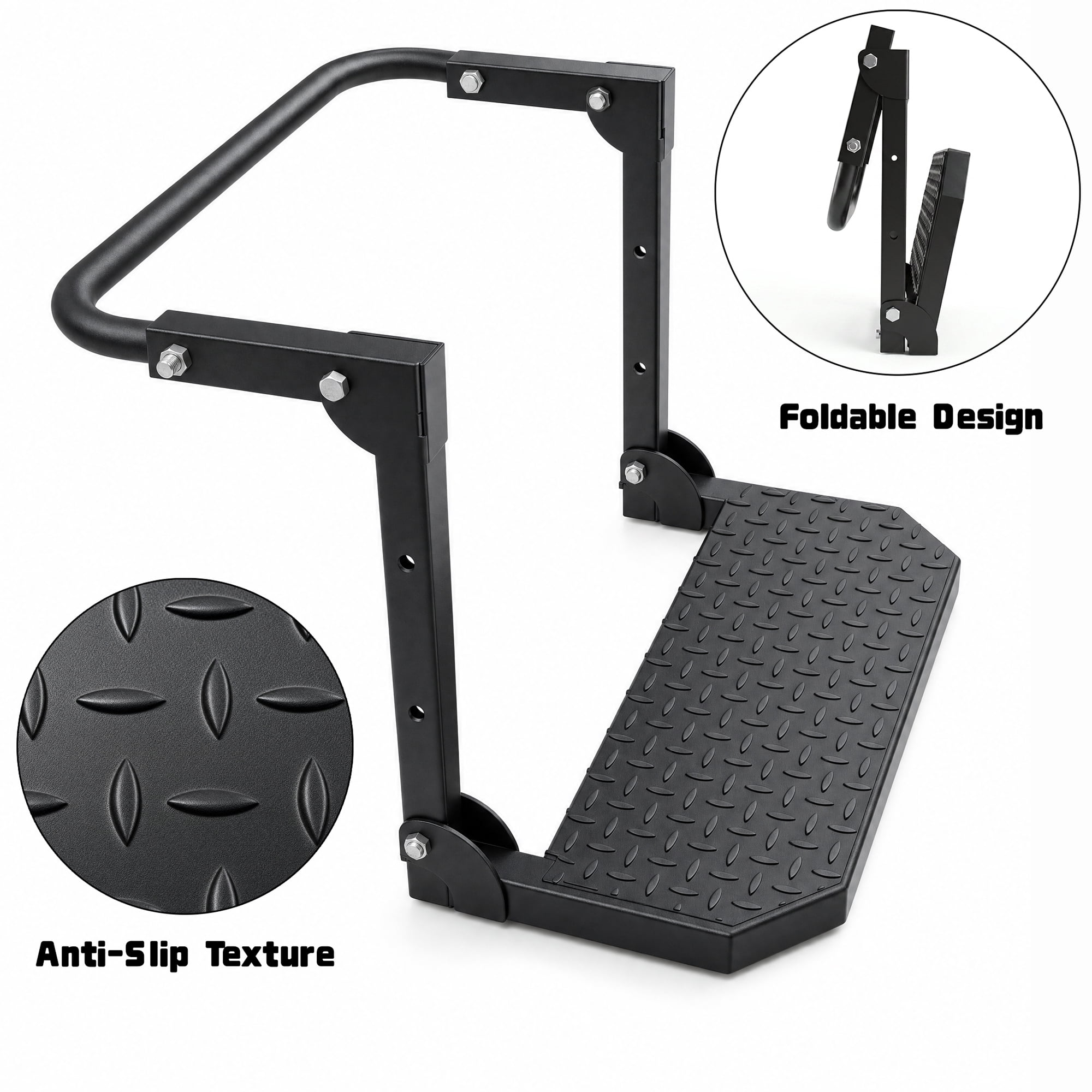 Universal Folding Tire Mounted Step for Truck SUV and RV, Heavy Duty Adjustable Side Step Fits 10.2-14.4 Inch Tires, 300 lb Capacity Tire Step, Black