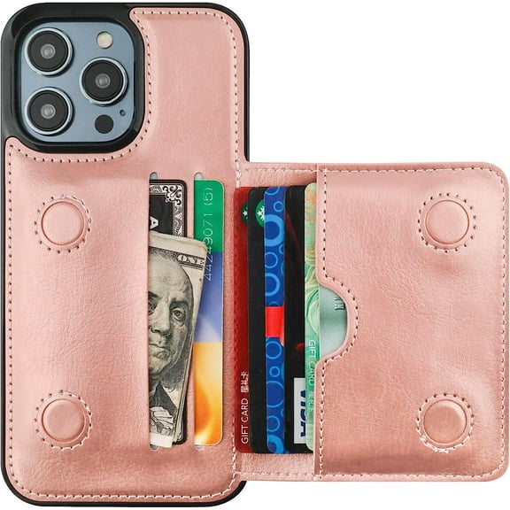 MYKOMI Compatible with iPhone 14 Pro Max Wallet Case Credit Card Holder, Premium Leather Kickstand Flip Hidden Magnetic Clasp Durable Shockproof Protective Cover for 6.7 Inch (Rose Gold)