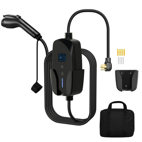 KFFKFF Level 2 EV Charger, 32 Amp Adjustable Current, 240V Portable Electric Vehicle Charger with 25 ft Cable, NEMA 14-50P Plug, LCD Screen, Home Charging Station for SAE J1772-Compatible Cars