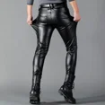 thumbnail image 1 of Pantalones de cuero para hombre, ajustados, elásticos, a la moda, de cuero PU, para motociclista, para club nocturno, fiesta y baile, finos, 1 of 5
