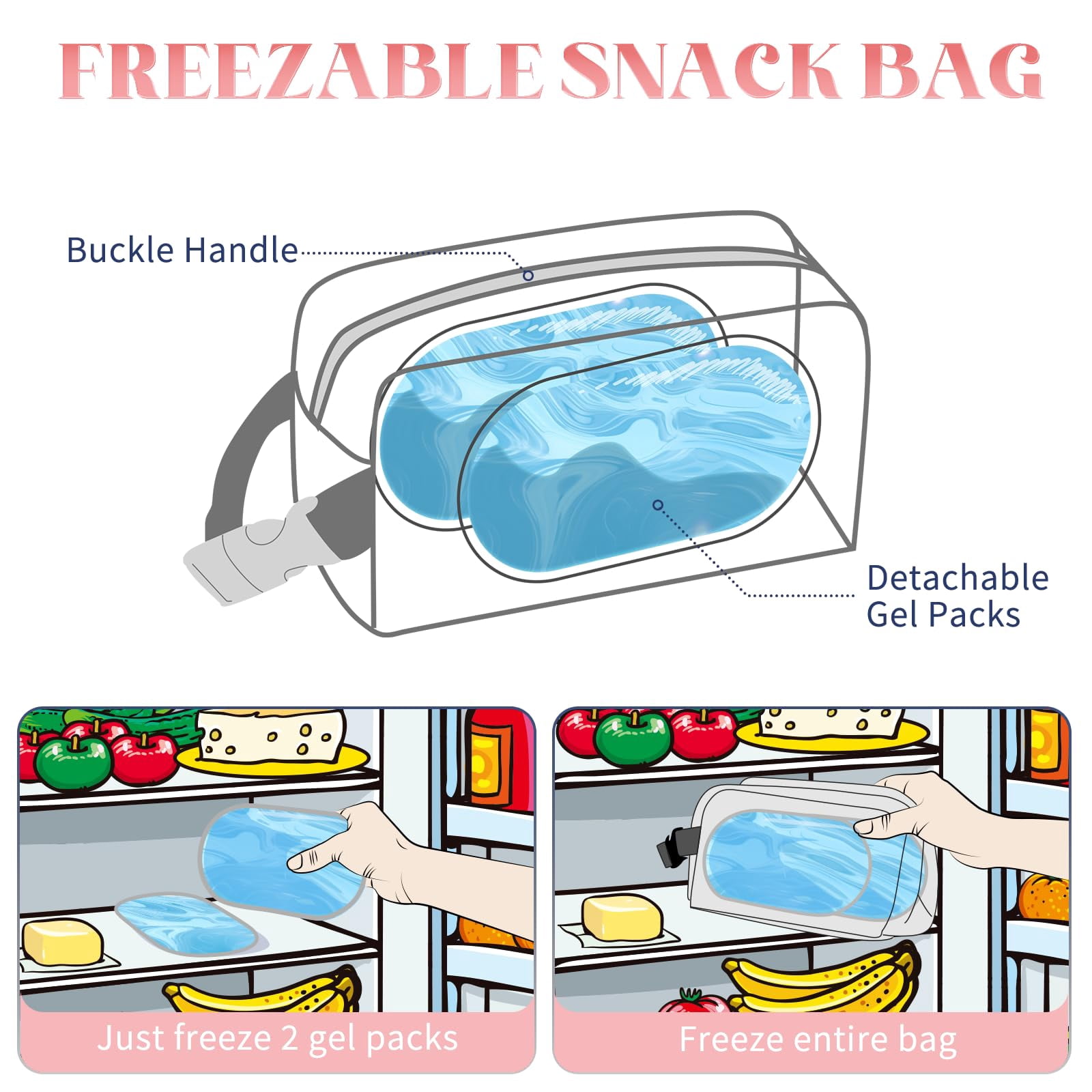 Freezable Snack Bag,Small Cooler Bag,Lunch Bags For Women,Built-in Ice Packs to Keep Food Fresh,Mini Cooler,Breastmilk Cooler,Suitable For Work and Travel（Pink）