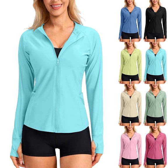 Hilenly Women's Long Sleeve Rash Guard UV Sun Protection Zip Up Jackets Lightweight Yoga Athletic Jacket with Thumb Hole Pockets