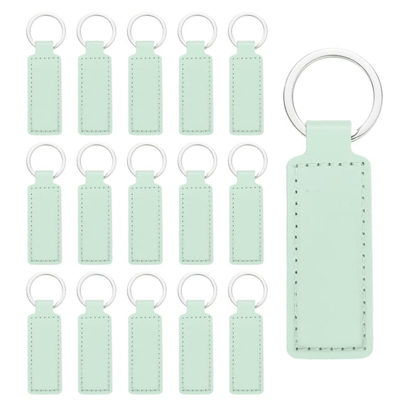 15 Pcs Leather Keychain Blanks Bulk Rectangle Laser Engraving Keychain Leather Key Fob Kit with Key Rings for DIY Supplies Gifts (Light Green, 3.7"x1.2")