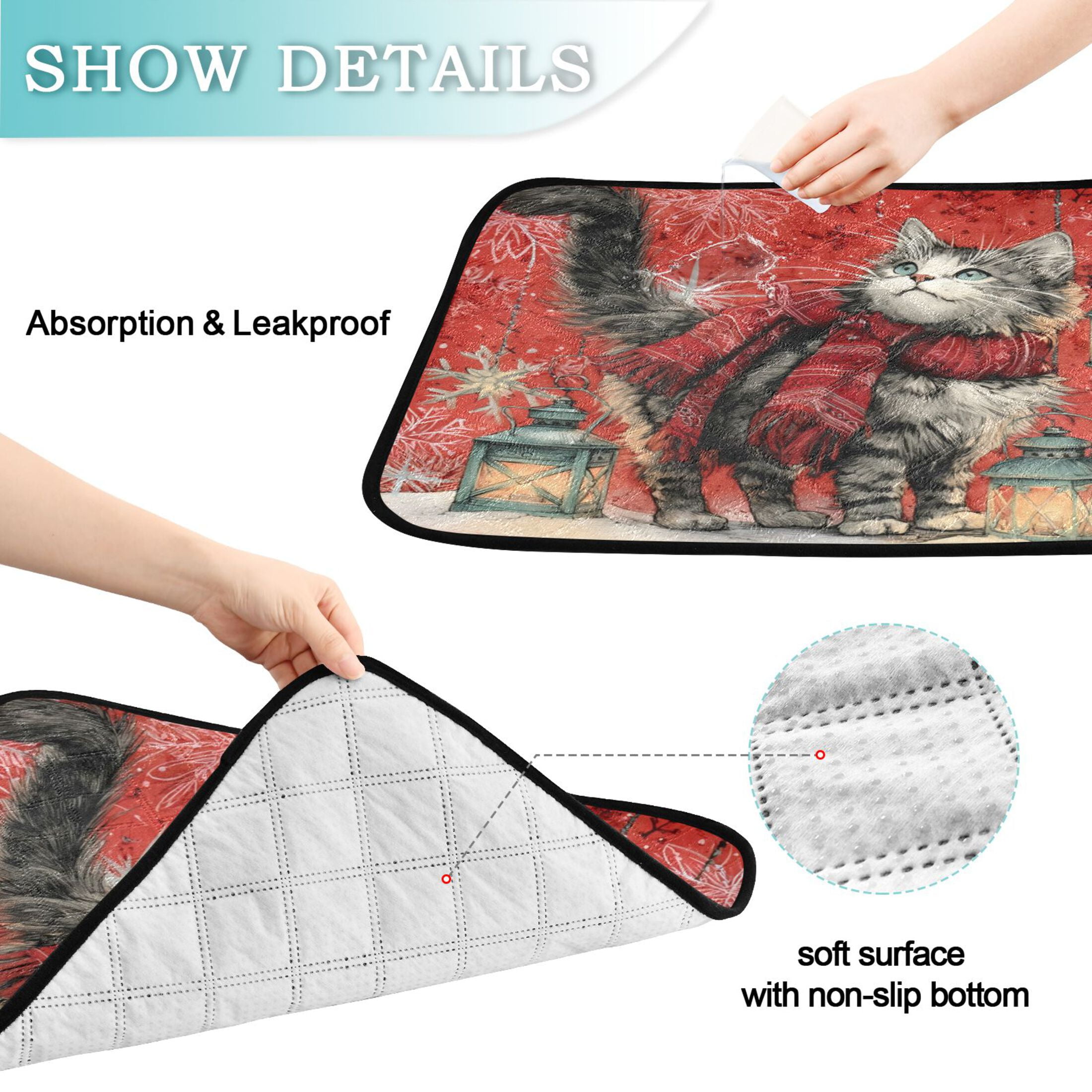 Qxltty Christmas Cute Tabby Cat Cat litter Pads Pet Set of 2 Diaper Mats Center Anti-leakage Layer Absorbent Soft and Comfortable