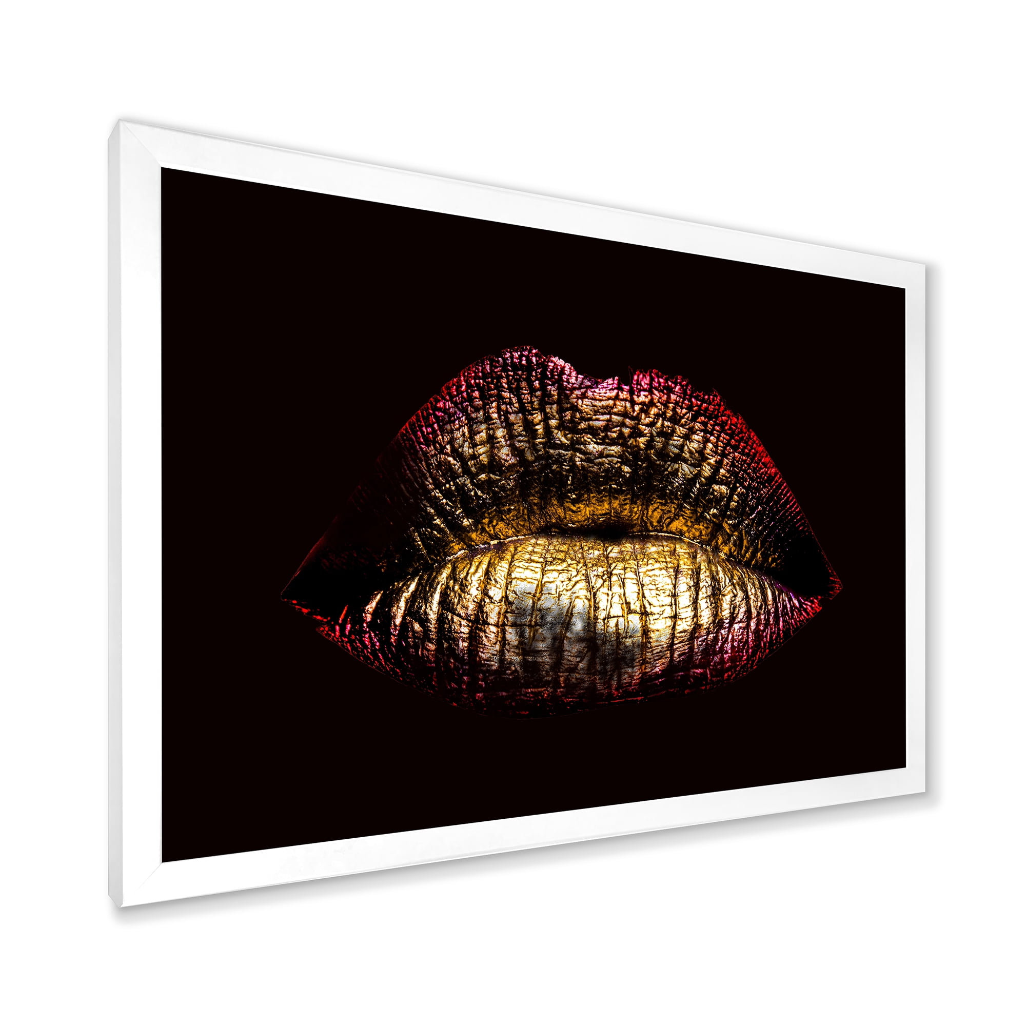 Designart 'Sexy Golden Metallized Woman Lips IV' Modern Framed Art Print