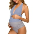 thumbnail image 2 of Ecavus Maternity Swimsuits Halter Deep V One Piece Swimwear Blue/Stripe L, 2 of 6
