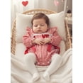 thumbnail image 3 of BemeyourBBs Newborn Baby Girl Valentines Day Outfit Gingham Plaid Bubbel Rompers Puff Long Sleeve Letters Embroidery Bow Decor Bubble Bodysuit Infant Spring Clothes, 3 of 9