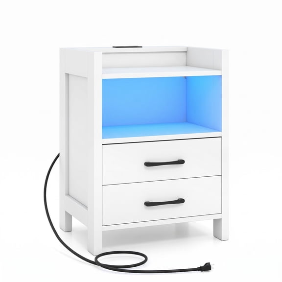 Furnibear 23.5 Inch Nightstand with Charging Station, USB & Type-C Ports, RGB LED Light, 2 Drawers and Open Storage Shelf, Modern Bedside Table for Bedroom, White