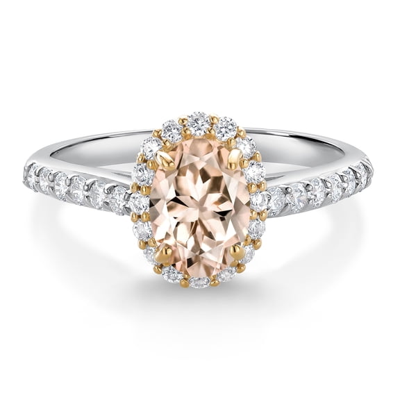 Gem Stone King 10K White Gold Peach Morganite White White Lab Grown Diamond Halo Engagement Ring for Women (0.96 Cttw, Oval 7X5MM, Gemstone October Birthstone, Size 6)