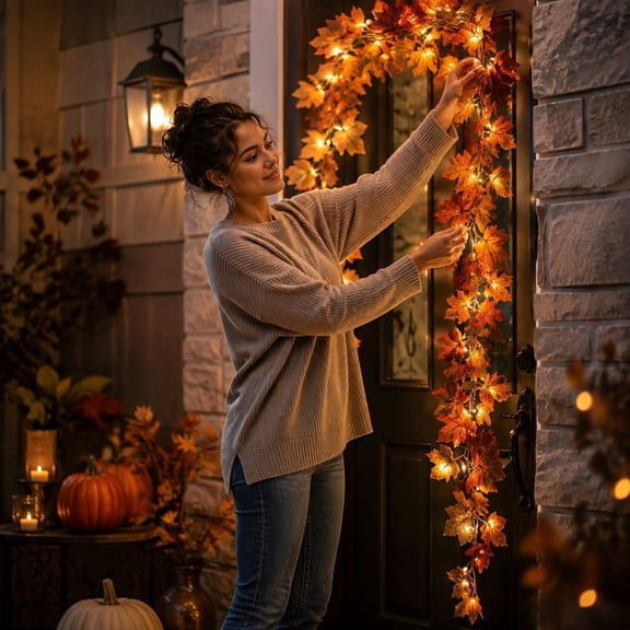 Fall Maple Leaf Garland with LED Lights 78.7in for Thanksgiving Mantel Wall Home Indoor Holiday Decor