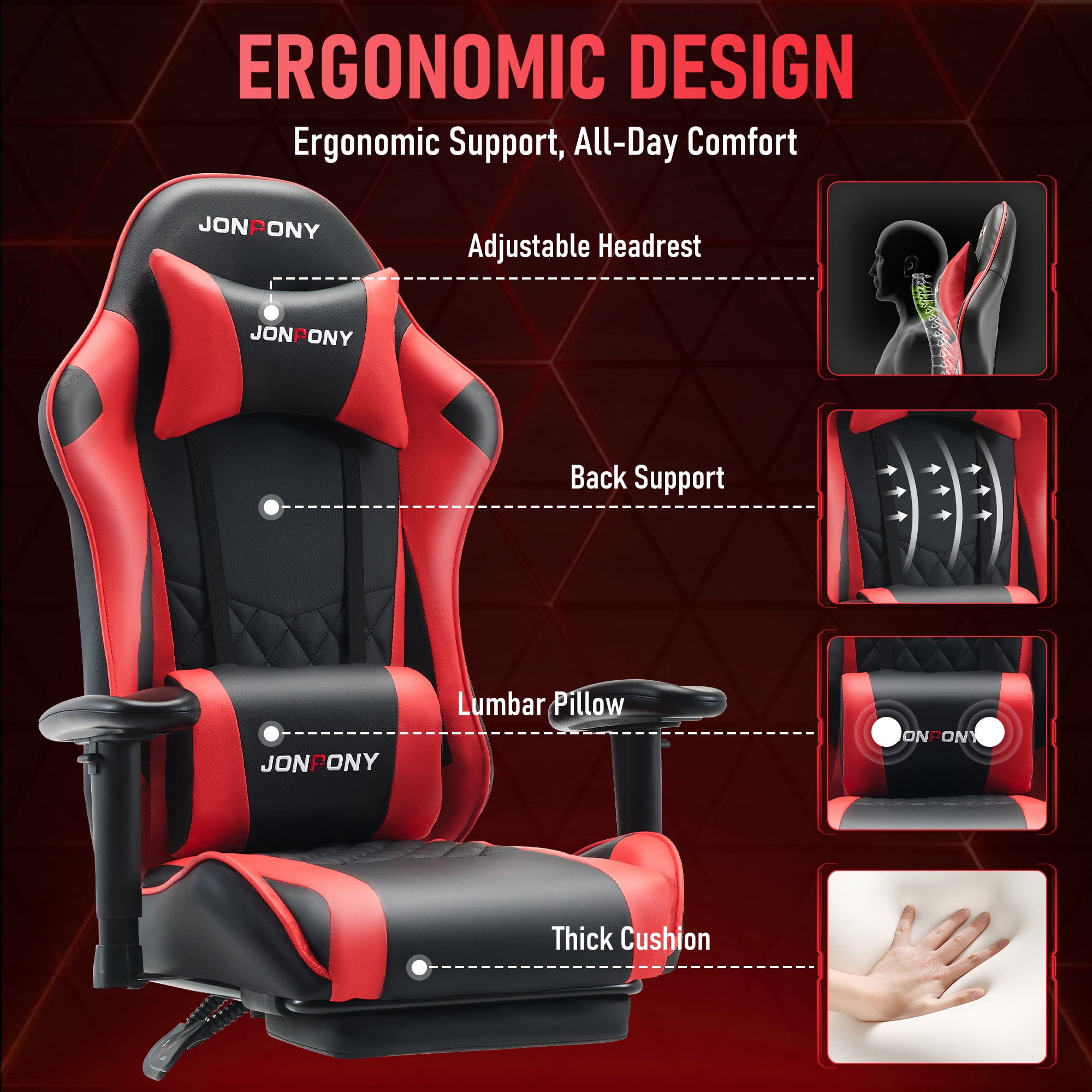 JONPONY Big and Tall 500LBS Gaming Chair, Ergonomic Design with 2D Armrests,PU Leather with Footrest and Lumbar Support, High Back Office Chair Support 8 Hours Long Sitting, Computer Chair,Red