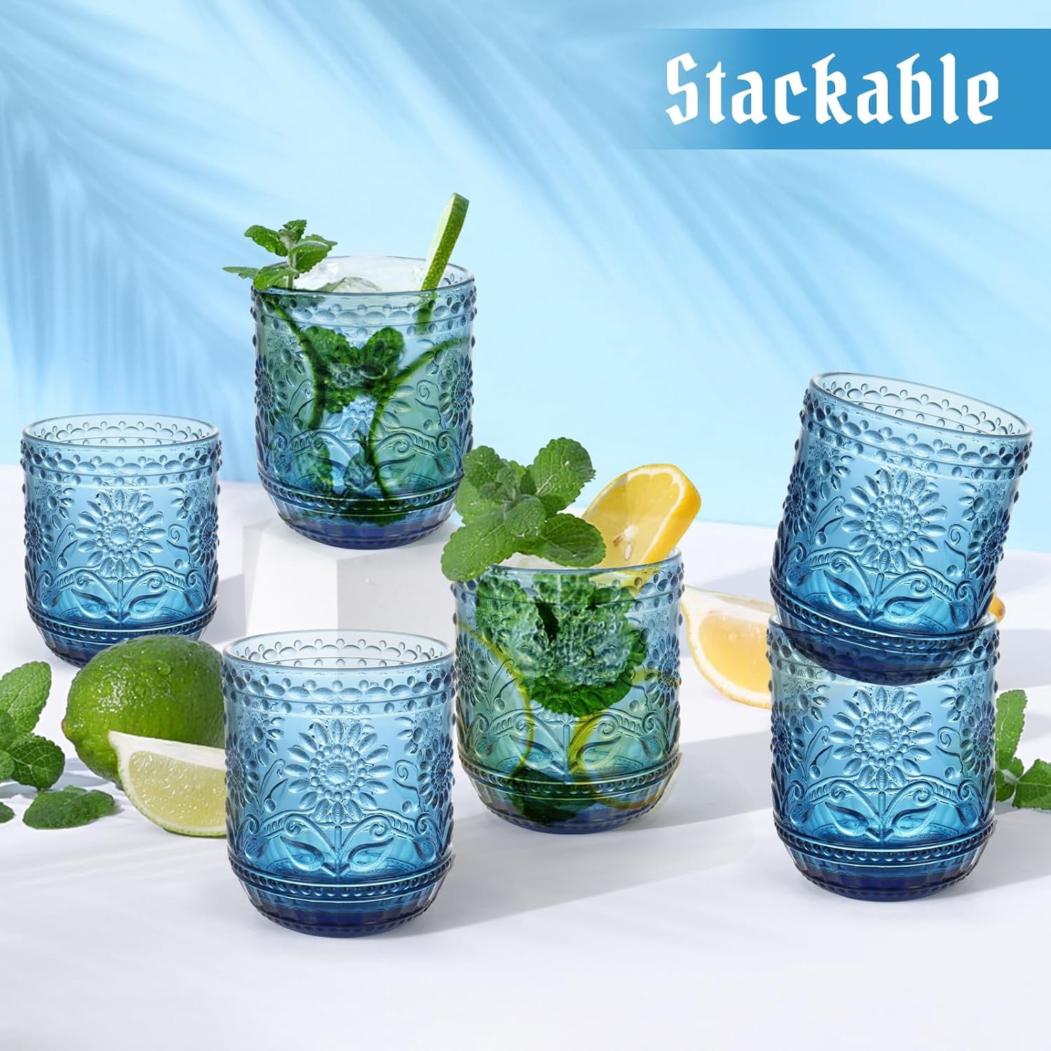 NANAHuang Vintage Drinking Glass Set of 4,12 oz Embossed Floral Drinkware Set,Green Drinking Glasses Cups Wine Glasses Colored Glassware for Whisky,Beer,Juice,Cocktail,Heavy Duty