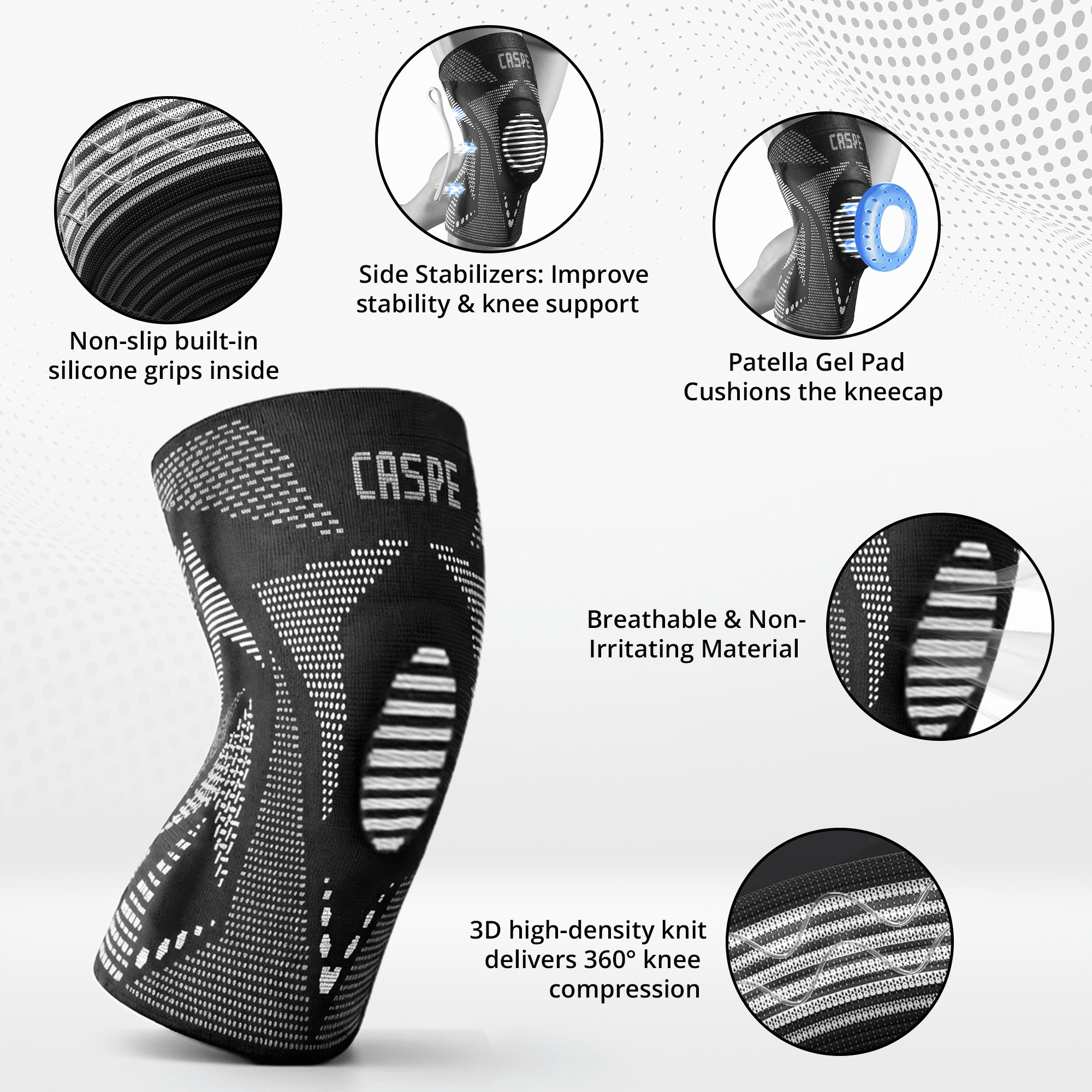 Caspe 1 Pack Compression Knee Brace with Patella Gel Pad & Side Stabilizers – Knee Support Sleeve for Men & Women, Running, Workout & Daily Use