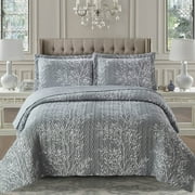 Odette Gray Luxury Print Lightweight Reversible Oversize Quilt / Bedspread Set : Full/Queen