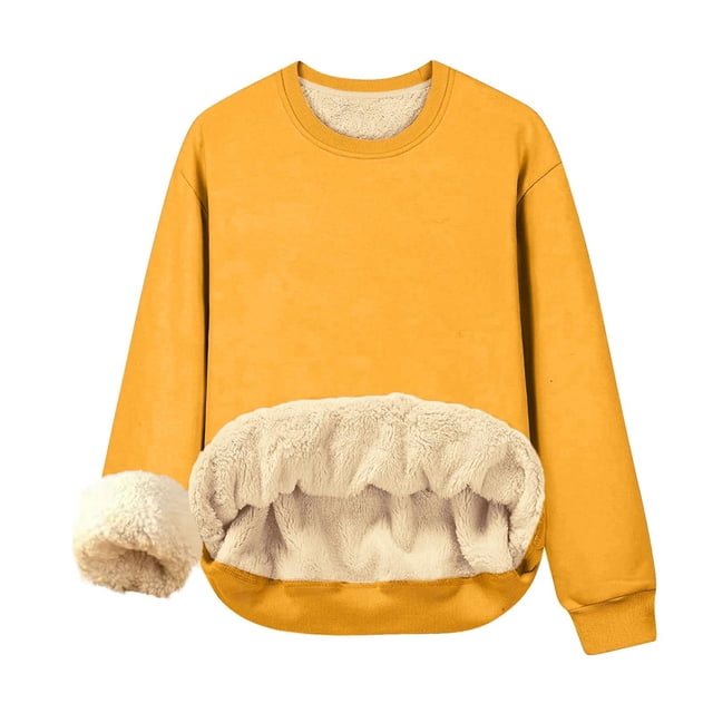 Qucoqpe - Camiseta de manga larga con cuello redondo para mujer, sudadera cálida de invierno con forro polar, blusa informal de color liso, blusas, tops amarillos 3XL