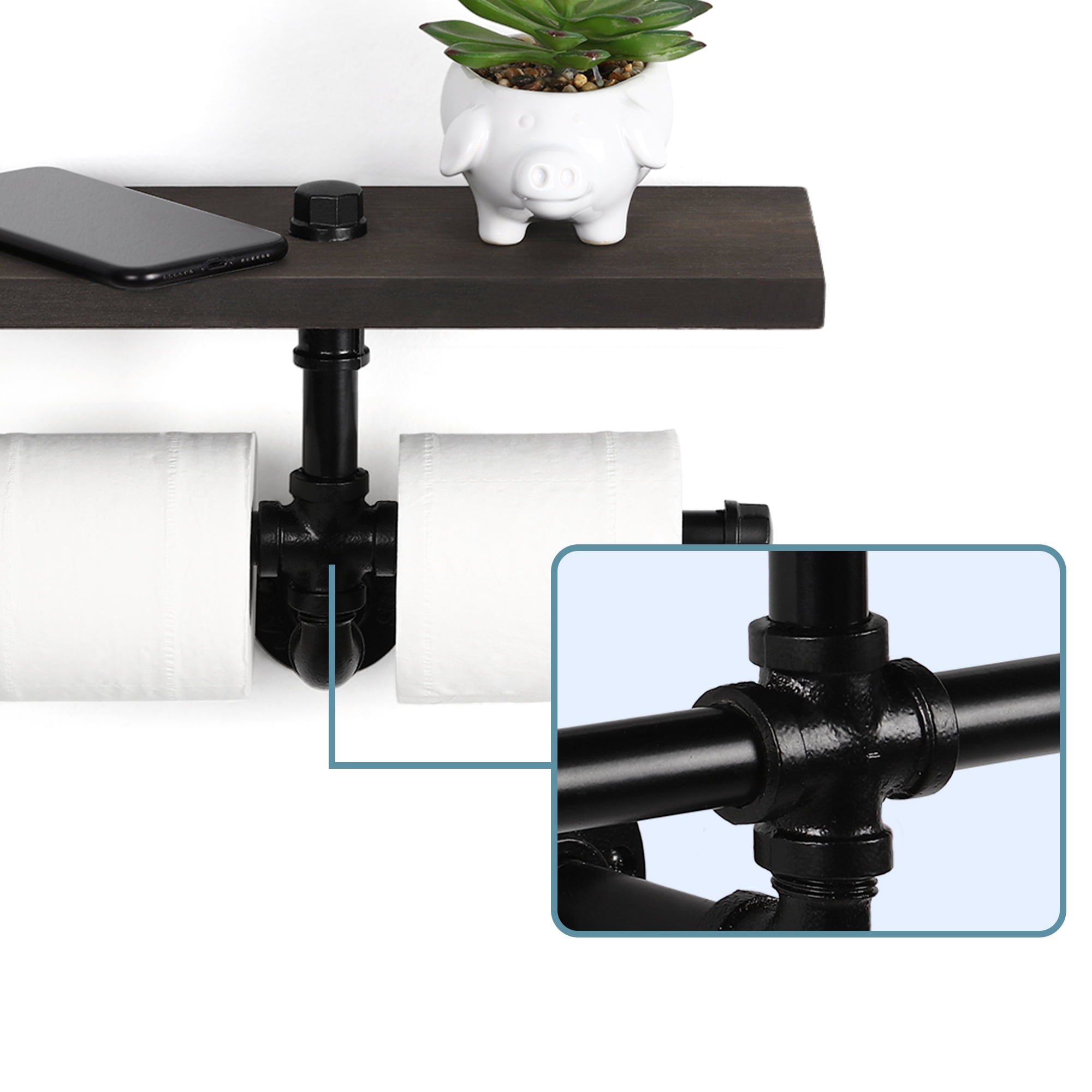 Industrial Dual Toilet Paper Holder, Wall Mounted Toilet Tissue Roll Holder Dispenser with Storage Shelf for Bathroom