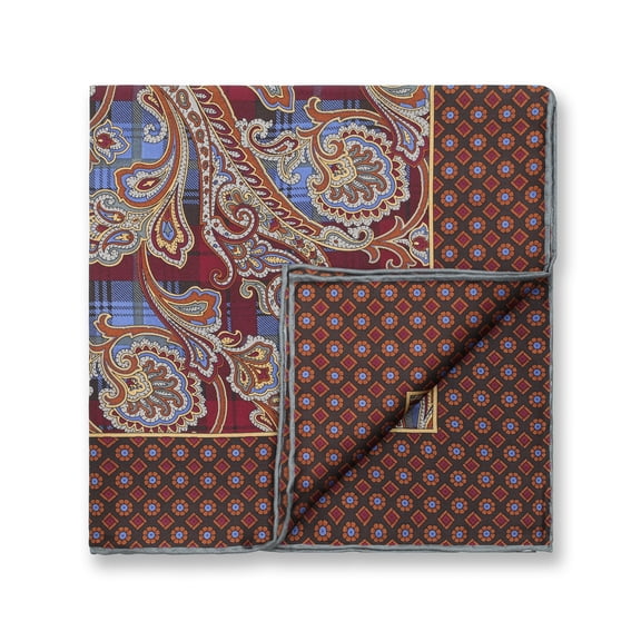 Men’s Silk Pocket Square (43cm) 17 x 17 Inch Burgundy Paisley Twill Hand Rolled Formal Handkerchief