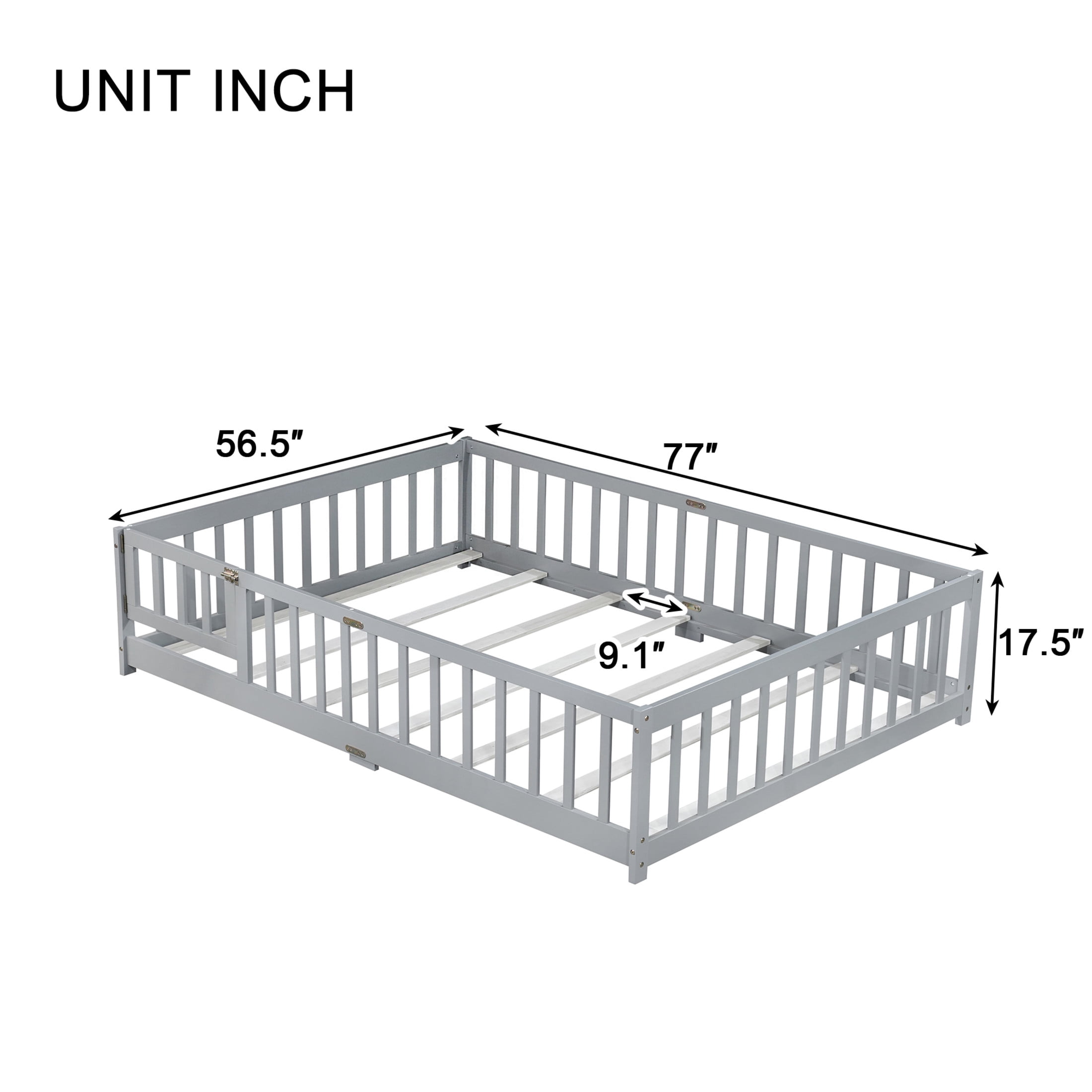 Noble House Full Floor Bed with Safety Guardrails and Door, Rubber Wood Montessori Bed, Kid's Room, Gray