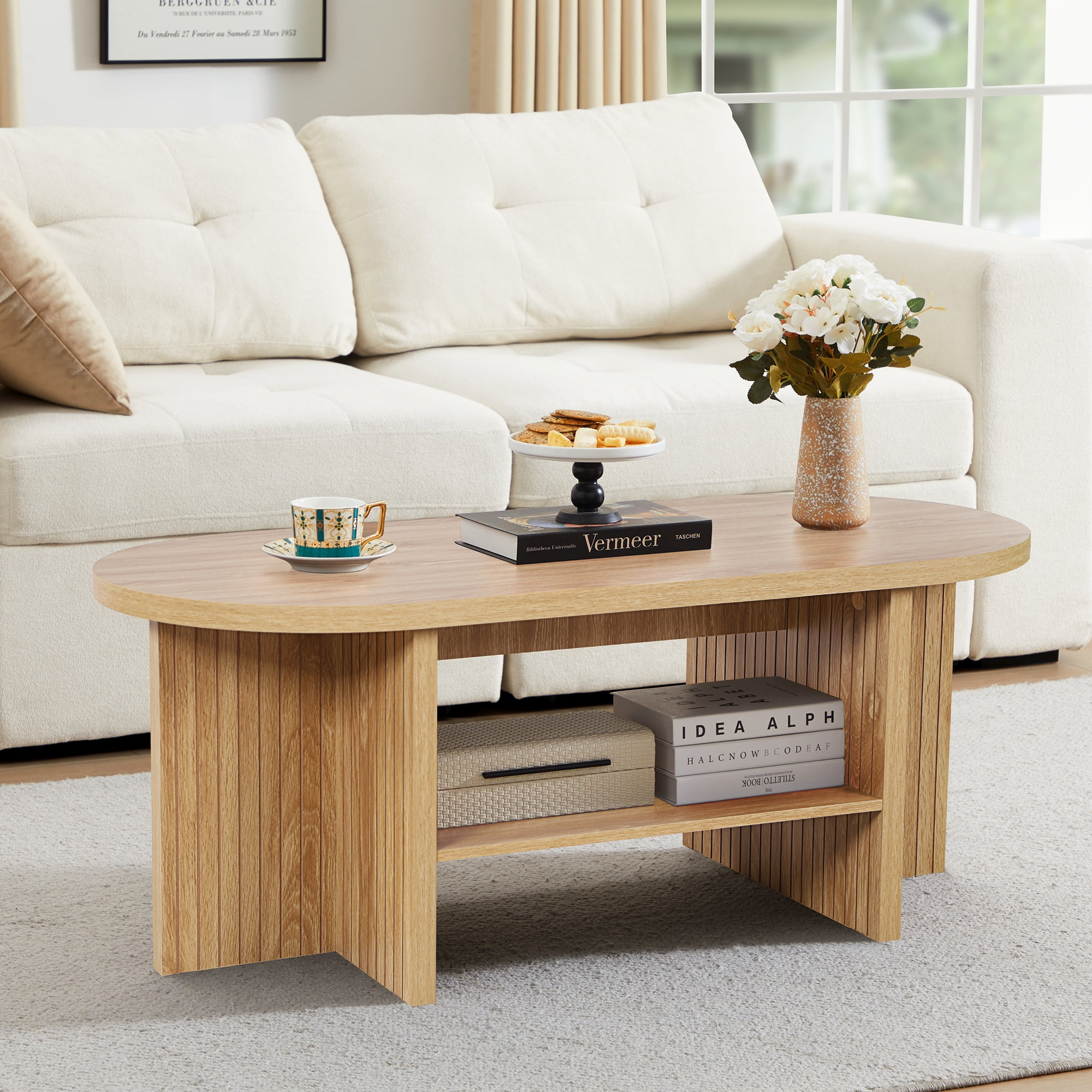 Wirrytor Oval Coffee Table, Coffee Tables for Living Room Small, Fluted Coffee Table with Open Storage Shelf, Farmhouse  Wood Center Table for 2-Tier Coffee Table, Natural