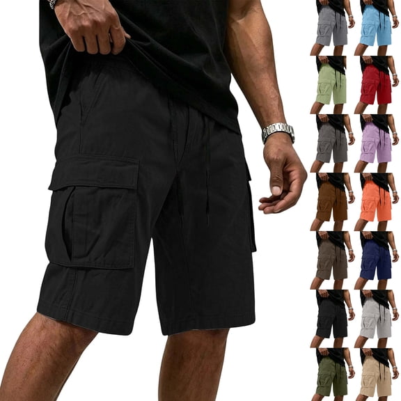 Cotton Cargo Shorts for Men Elastic Waist Drawstring, Relaxed Fit Side Multi-Pocket Lightweight Breathable Summer Work Shorts for Outdoor Hiking Travel Casual Wear, S-4XL