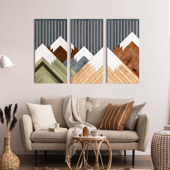 TOARTi Boho Mountain Wooden Cut Out Wall Art Modern Geometric Nature Sculpture Set of 3 For Living Room Bedroom Office 16x32 Inch
