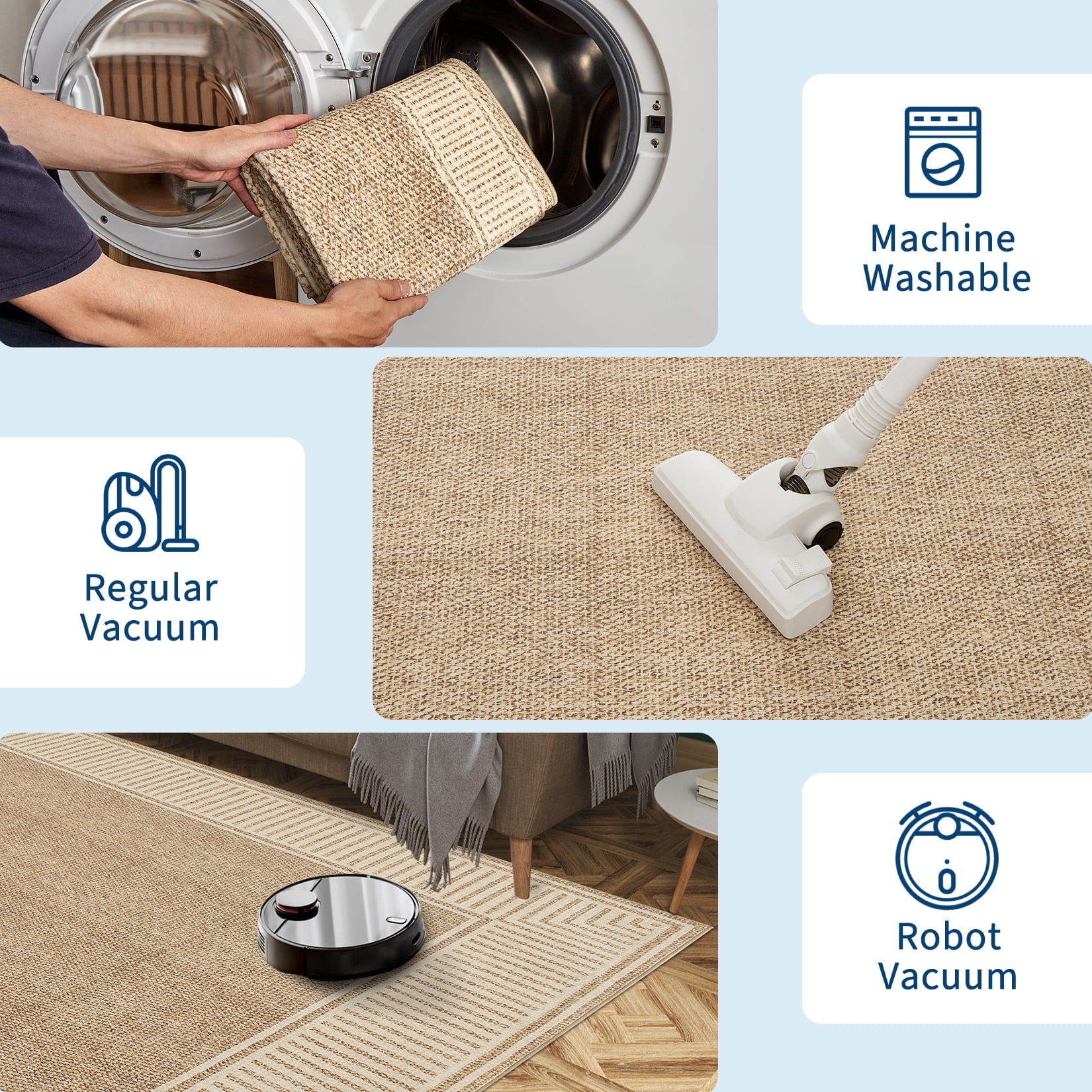 Garvee Indoor Bordered Area Rug, 5'x7' Modern Non Slip Rubber Backing Washable Rug Low Pile Striped Rugs Carpet for Bedroom Living Room Nursery Office, Linen