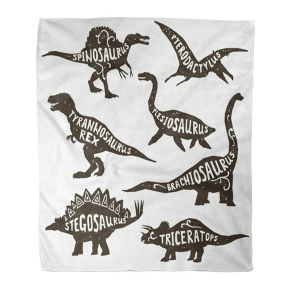 NUDECOR Throw Blanket Warm Cozy Print Flannel Dinosaurs Black Silhouettes Lettering Pterodactyl Plesiosaur Spinosaurus Comfortable Soft for Bed Sofa and Couch 50x60 Inches