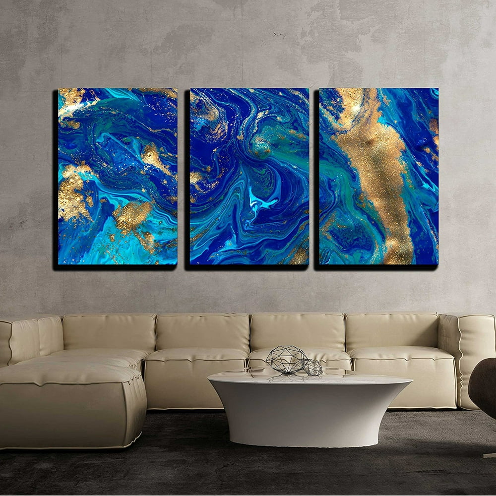 Wall26 3 Piece Canvas Wall Art Marbled blue abstract background. Liquid marble pattern