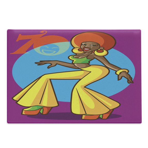 70s Party Cutting Board, American Woman Dancing at the Disco Funky Fashion with Smiling Face Art, Decorative Tempered Glass Cutting and Serving Board, Large Size, Multicolor, by Ambesonne