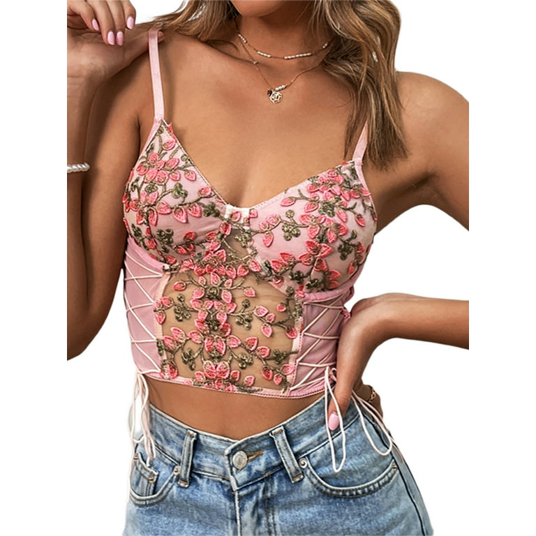 TheFound Women Lace Corset Crop Top Push Up Bustier Floral Top