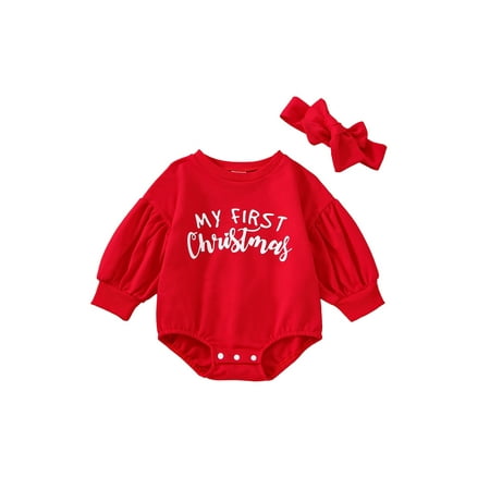 

Bagilaanoe Newborn Baby Girl Christmas Rompers Letter Print Long Sleeve Bodysuit + Headband 3M 6M 12M 18M Infant One Piece Jumpsuit