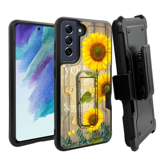 ANJ Rugged Dual Layer Hybrid Holster Kickstand Case w/ Card Slot Tempered Glass Cover for Samsung Galaxy S21 FE 5G - My Sunshine