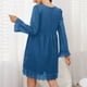 thumbnail image 3 of Vestido de mujer de una pieza de encaje con cuello en V, manga larga, color puro con bolsillos para oficina en casa, azul oscuro XL, 3 of 5