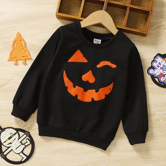 PatPat Halloween Clothes Toddler Boys Girls Sweatshirts Hoodies Pumpkin Face Kids Pullover Long Sleeve Graphic Tees, Black, 18-24 Months