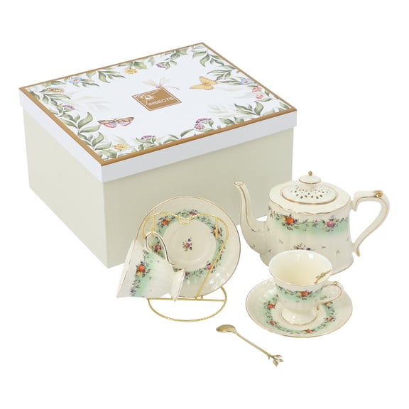 8-Piece Vintage Porcelain Tea Set for 2, Multicolor Fruit Pattern Teapot Teacup & Saucer Set with Gold Trim for Home Afternoon Tea