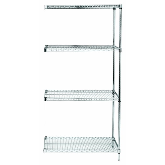 Wire Shelving Add-On Kit, 36"W x 18"D x 86"H, 600 - 800 lb. capacity, includes (4) wire shelves, (2) posts and (8) S-Hooks, 304 stainless steel, NSF, shipped KD