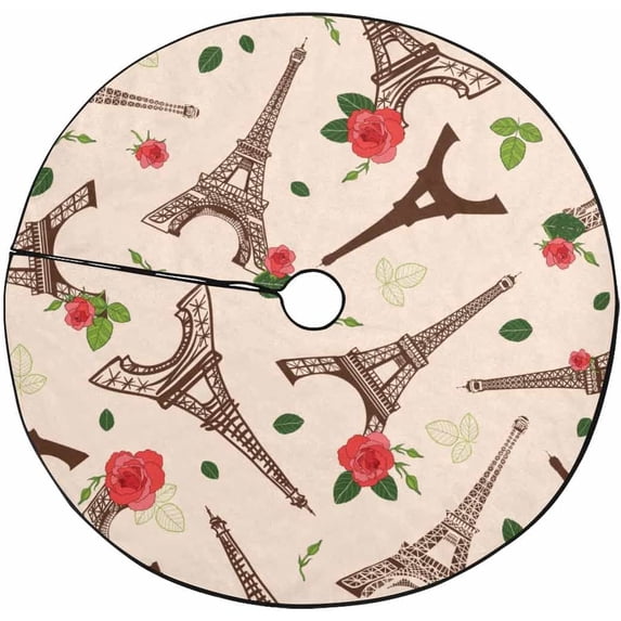 FMSHPON Eifel Tower Flowers Xmas Christmas Tree Skirt Stand Mat for Holiday Party Decoration Indoor Outdoor 48 inches
