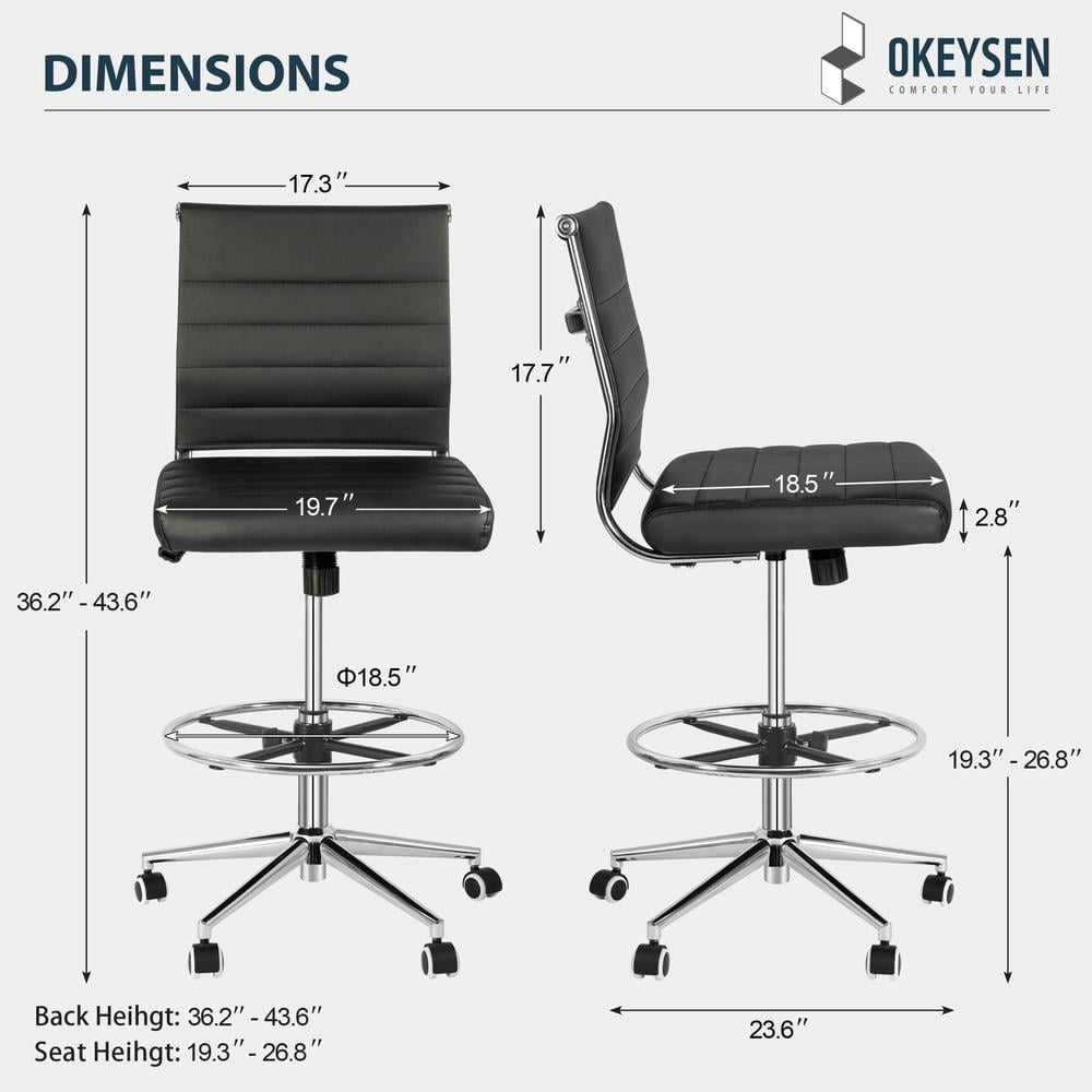 Okeysen Tall Drafting Desk Chair, Urban Adult Leather Armless Office Chair, Adjustable Foot Ring, Black (Set of 1)